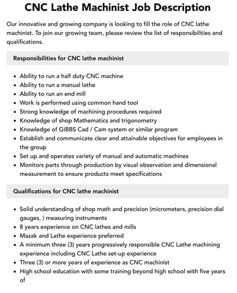 cnc machining specialist areas|cnc machinist job description.